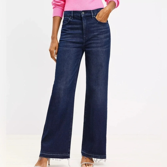 NWT LOFT Petite Unpicked Hem High Rise Wide Leg Jeans in Rinse Overdye Wash - Picture 1 of 8